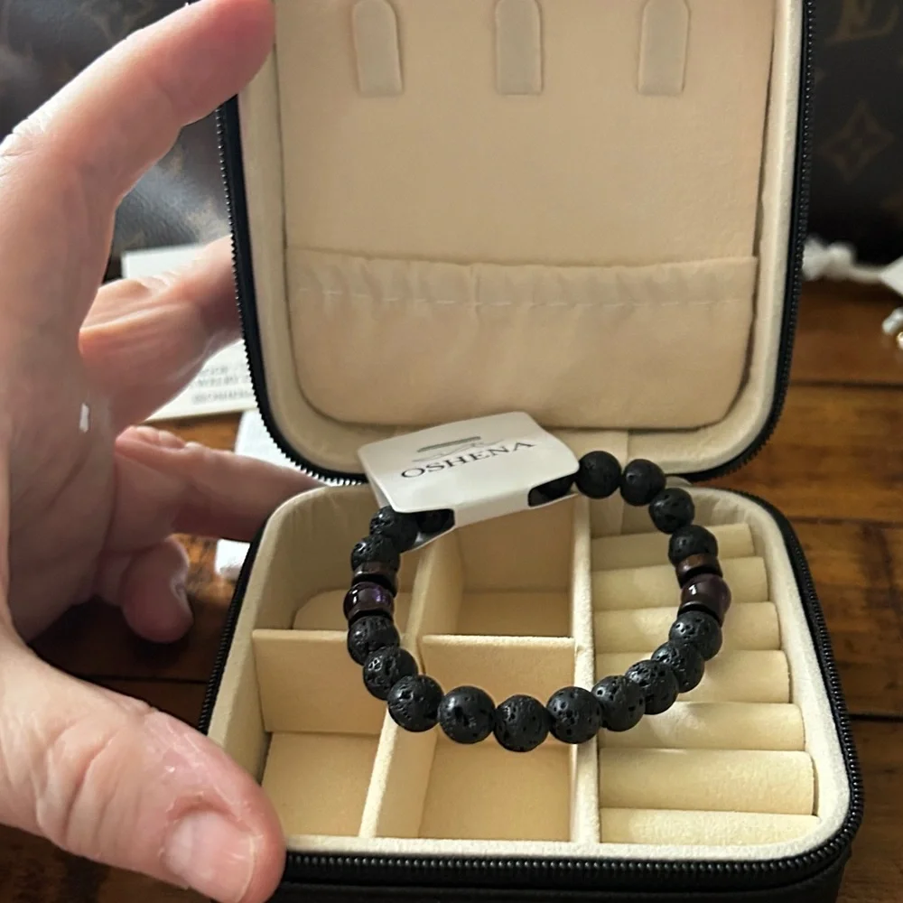 OSHENA Designer Beachwear Lava and Amethyst Bead Bracelet Free jewelry box!
